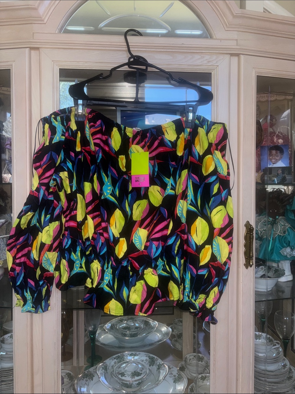 Neon Leaf Off-Shoulder Blouse - Black Multicolor